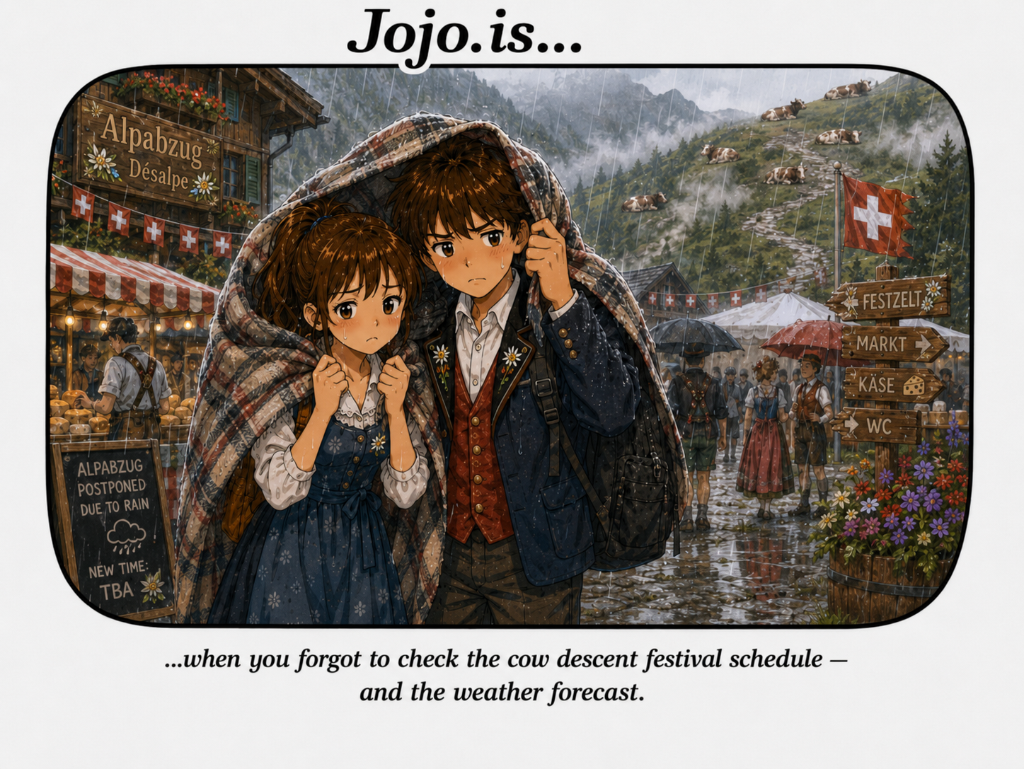 Jojo.is... when you forgot to check the cow descent festival schedule - and the weather forecast.