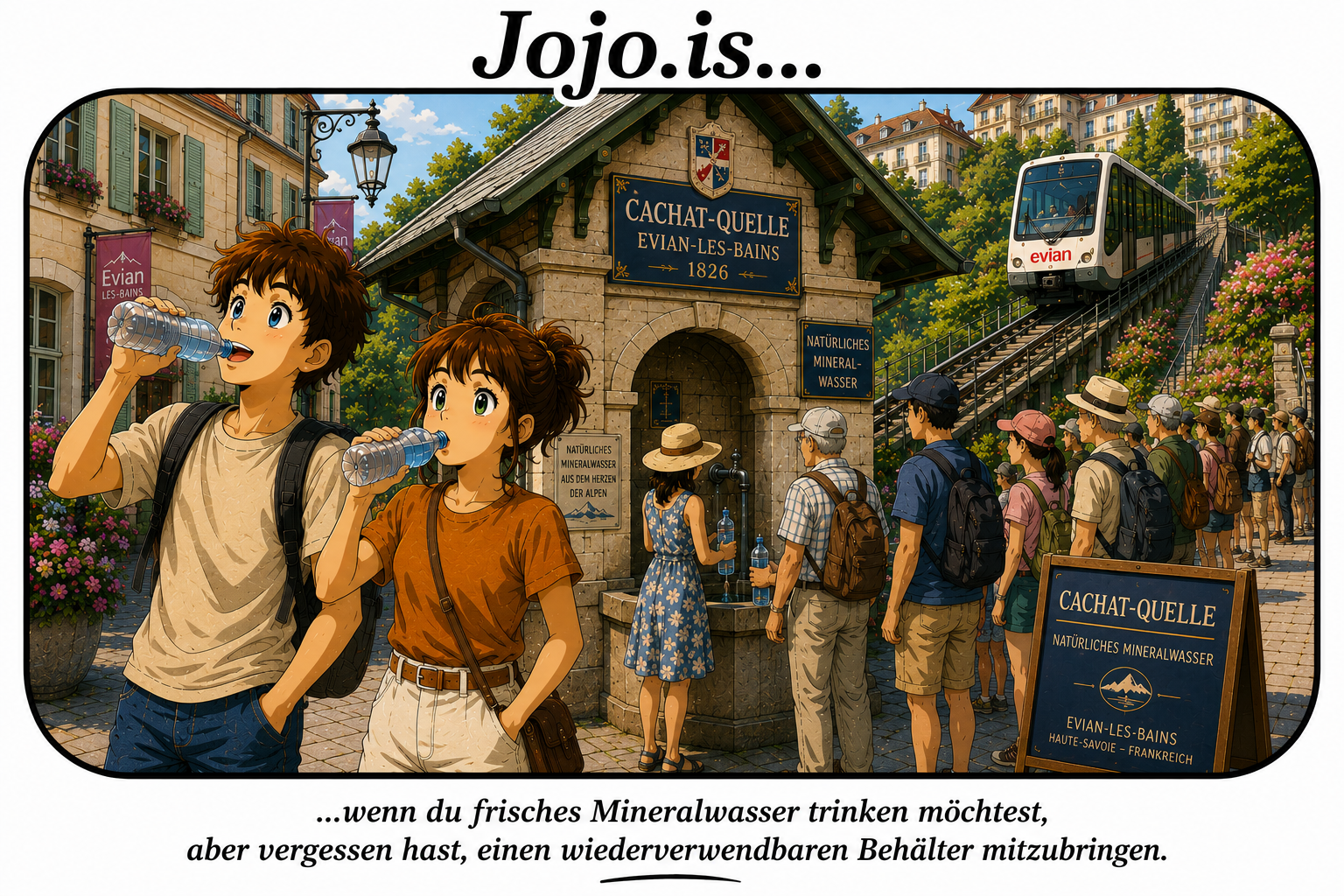Jojo … wenn du frisches Mineralwasser trinken möchtest, aber vergessen hast, einen wiederverwendbaren Behälter mitzubringen.