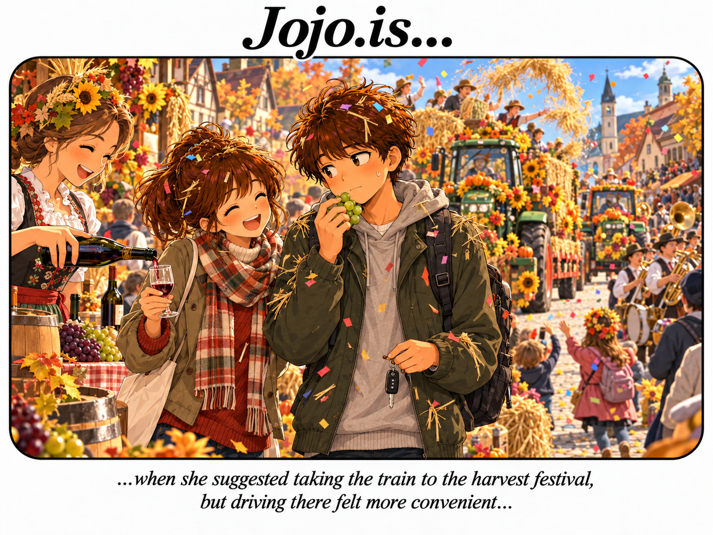 Jojo.is… when she suggested taking the train to the harvest festival, but driving there felt more convenient…