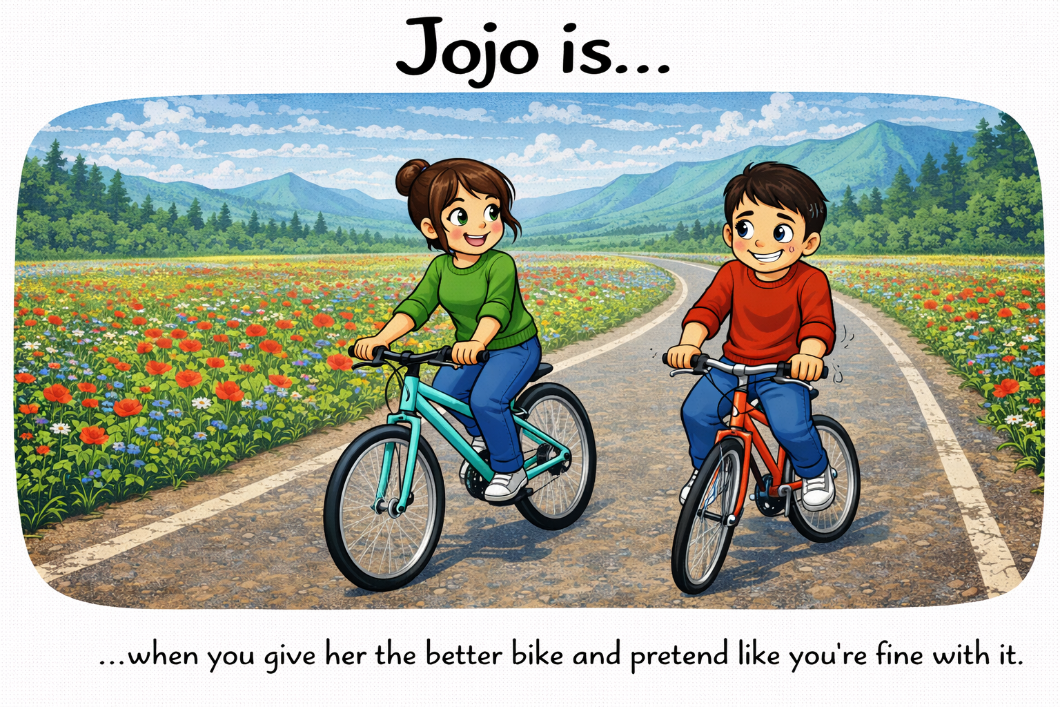 Jojo.is... when you give her the better bike and pretend like you're fine with it.