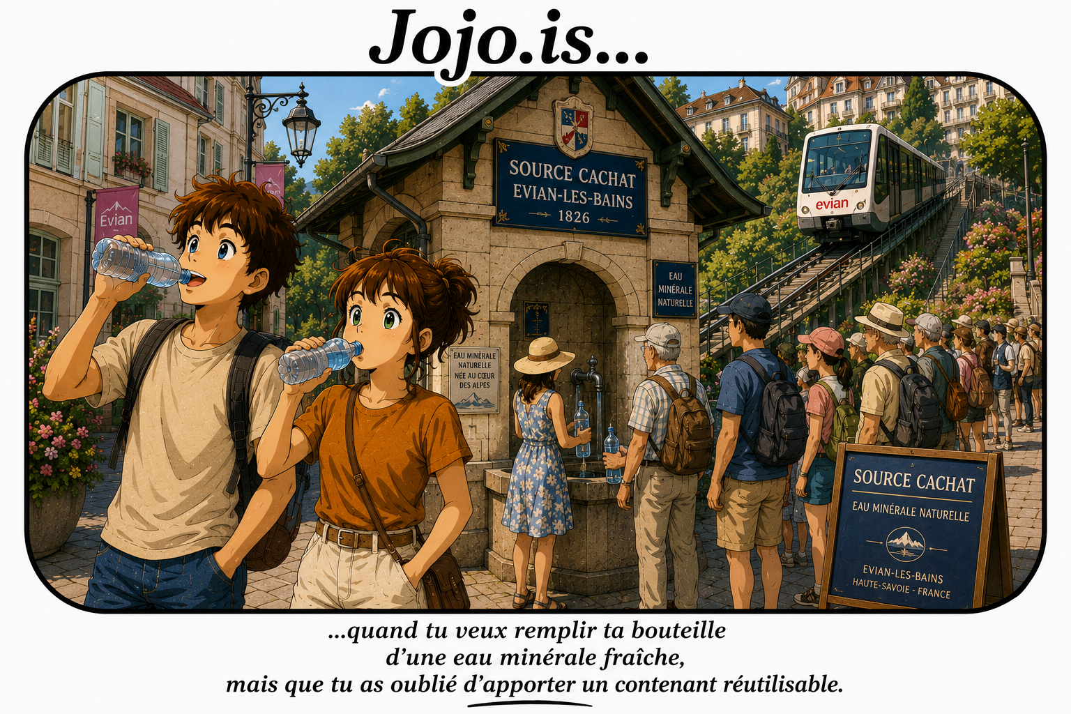 Jojo... quand tu veux remplir ta bouteille d'eau minérale fraîche, mais que tu as oublié d'apporter un contenant réutilisable.