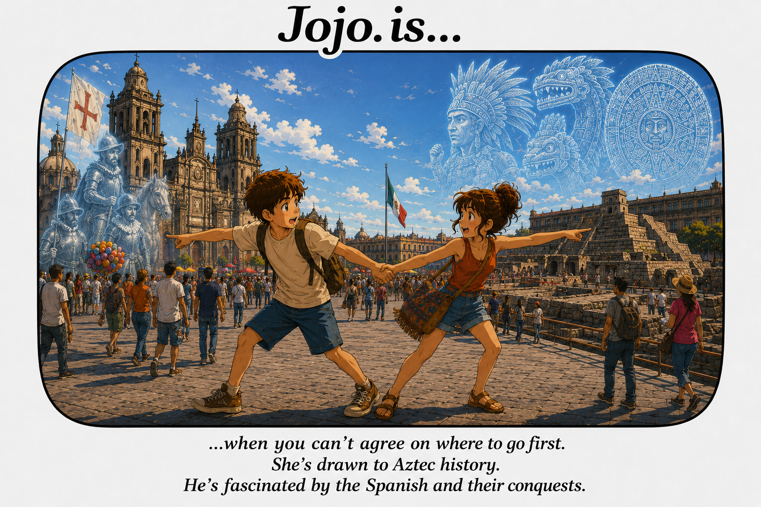 Jojo.is... when you can't agree on where to go first. She's drawn to Aztec history. He's fascinated by the Spanish and their conquests. 
