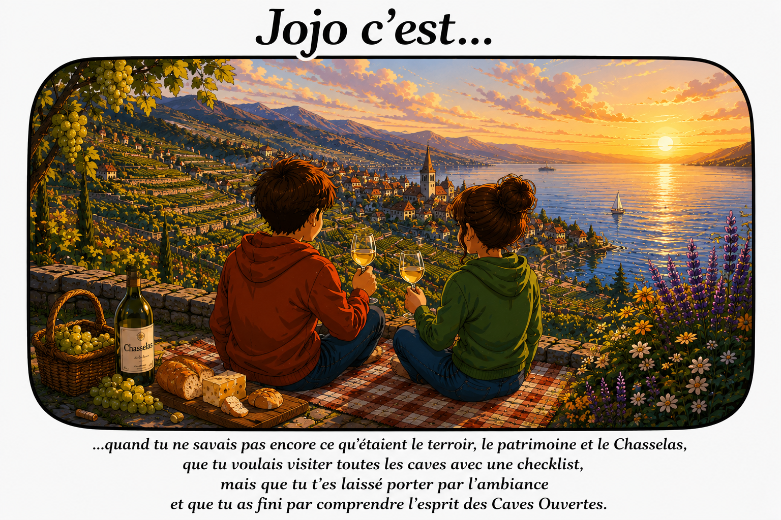 Jojo c’est... quand tu ne savais pas encore ce qu’étaient le terroir, le patrimoine et le Chasselas, que tu voulais visiter toutes les caves avec une checklist, mais que tu t’es laissé porter par l’ambiance et que tu as fini par comprendre l’esprit des Caves Ouvertes.